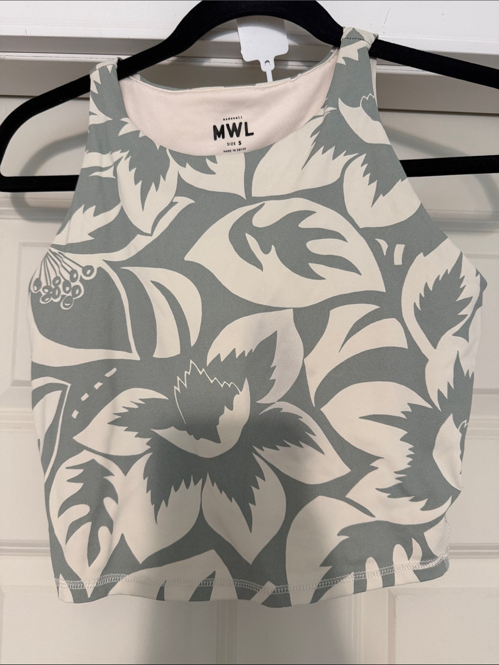Madewell White and Sage Floral High-Neck Crop Top